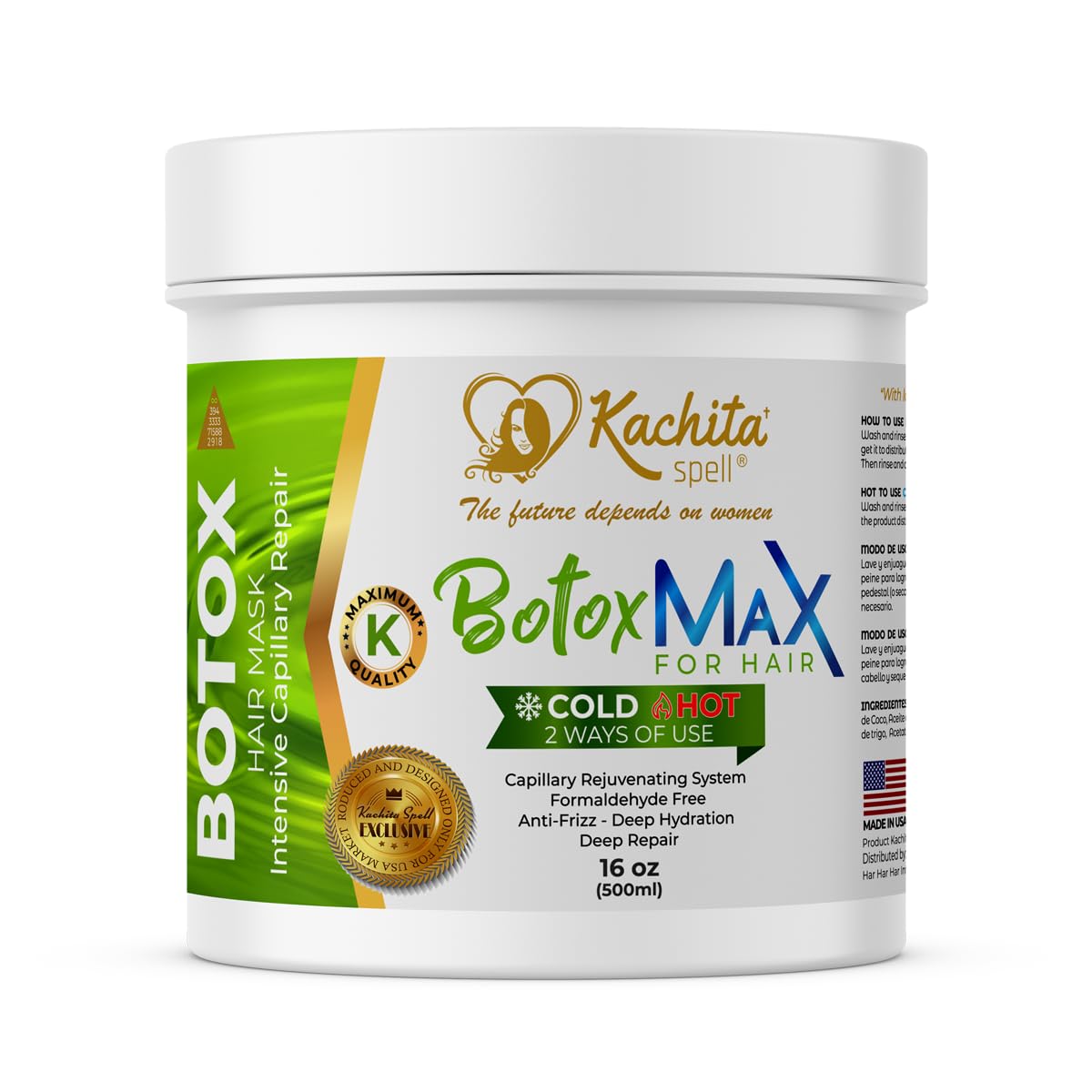 Kachita Spell Botox Hair Treatment - 16oz, Rejuvenates Dry/Damaged Hair, Reduces Frizz, Provides Deep Hydration, Volume Control, and Smoothness - Formaldehyde-free BotoxMax Formula