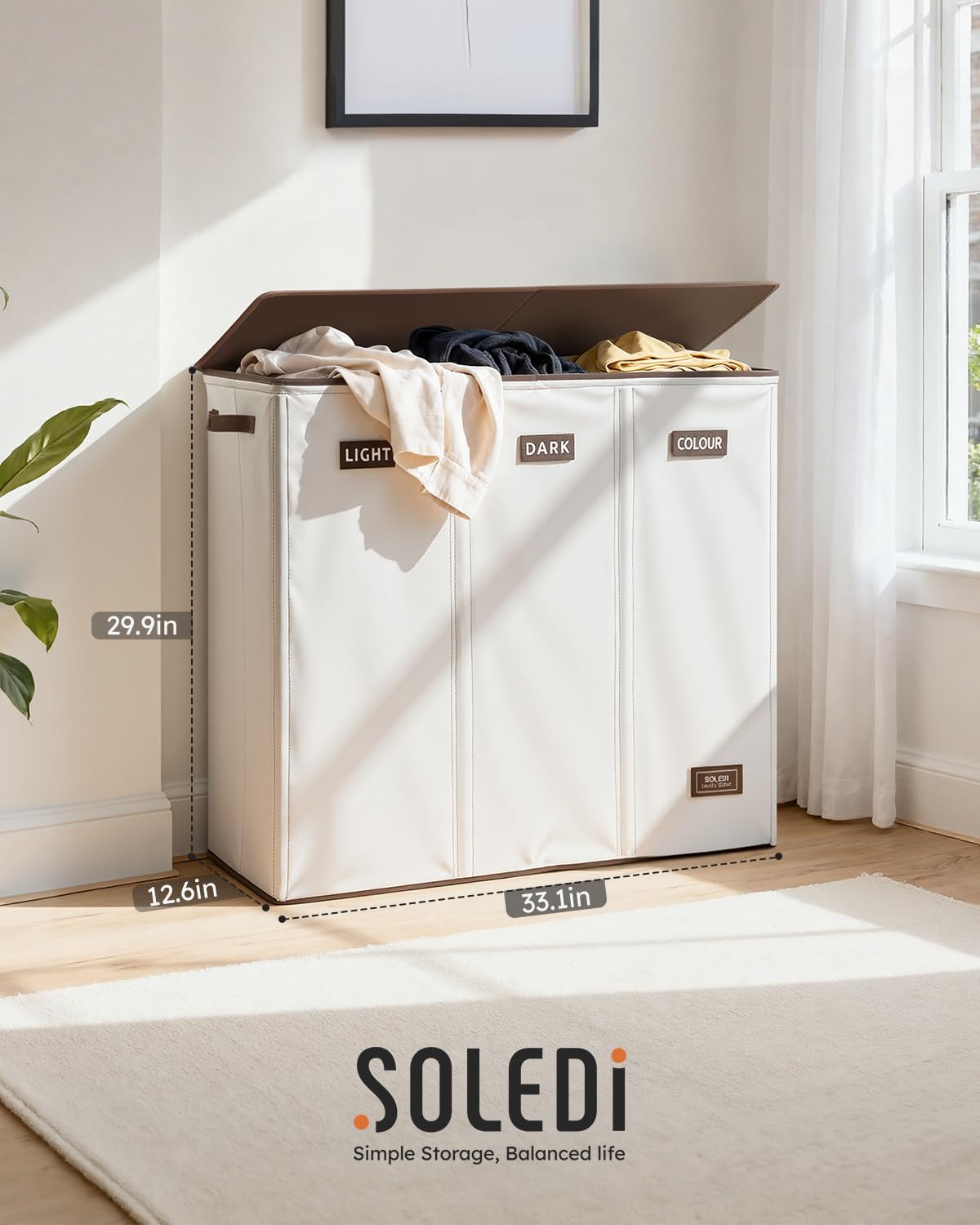 SOLEDI 200L 3-Section Laundry Hamper with Lid, Extra Large Dirty Clothes Basket with Sturdy Handles for Laundry Room & Bedroom - Durable Organizer for Sorting Laundry