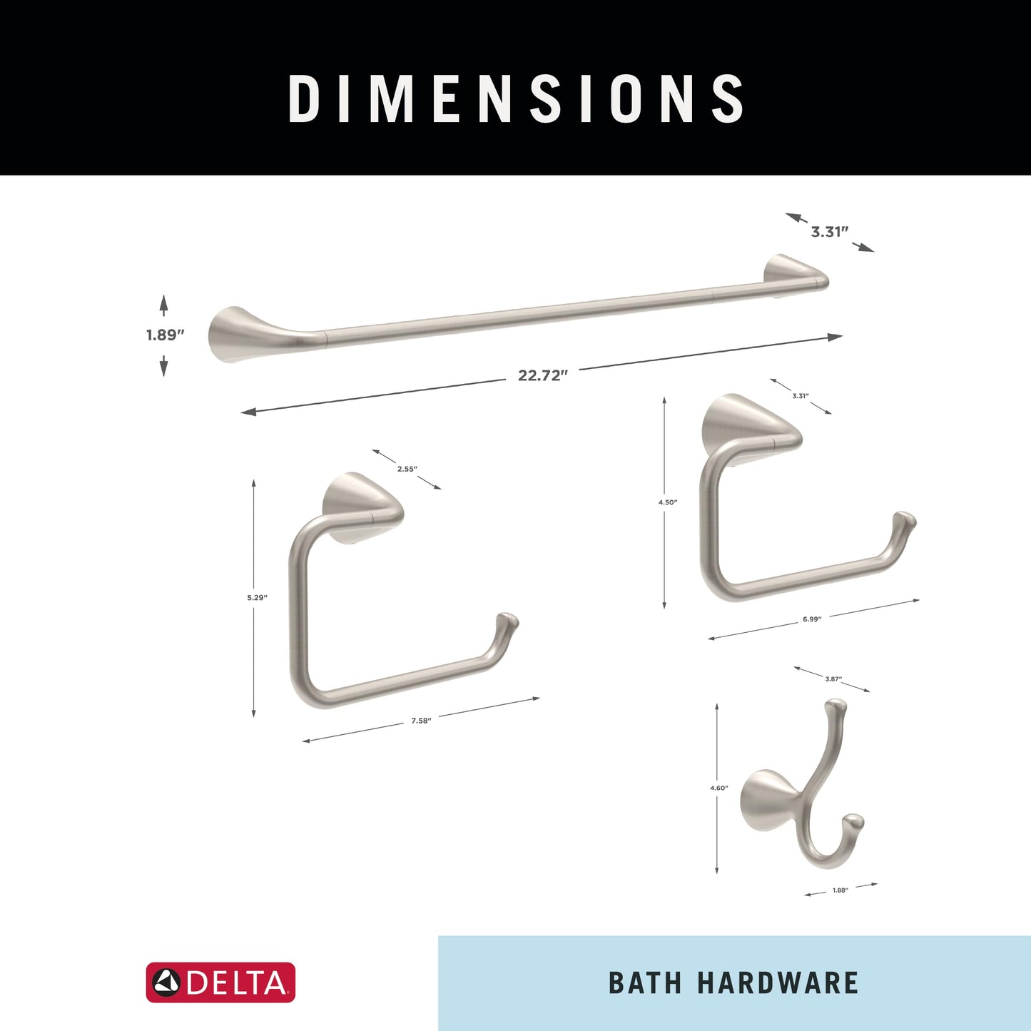Delta ARV64-DN Arvo 4-Piece Bath Hardware Set 18-in Towel Bar w/ 6-in Extender, Toilet Paper Holder, Towel Ring, Hook, Brushed Nickel