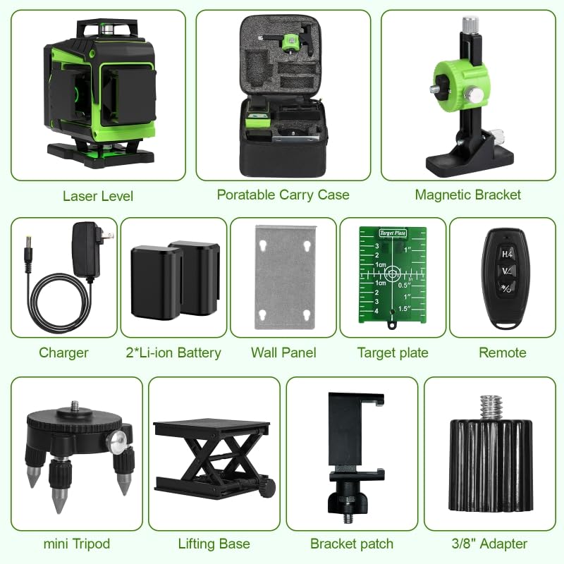 Laser Level,16 Line Laser Level 360 Self Leveling,4x360°4D Green Cross Line Laser for Construction and Picture Hanging,lazer leveler tool with 2 Batteries,Magnetic Bracket & Remote Controller