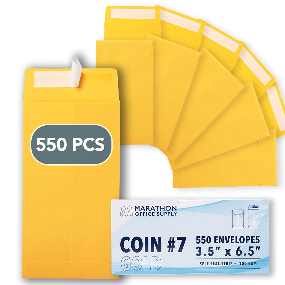MOS #7 Gold Coin Envelopes 3.5 x 6.5 Inch 550 Pack — Self-Seal Yellow Money Envelopes for Cash, Budgeting, Savings Challenges, Seed Storage, Small Parts