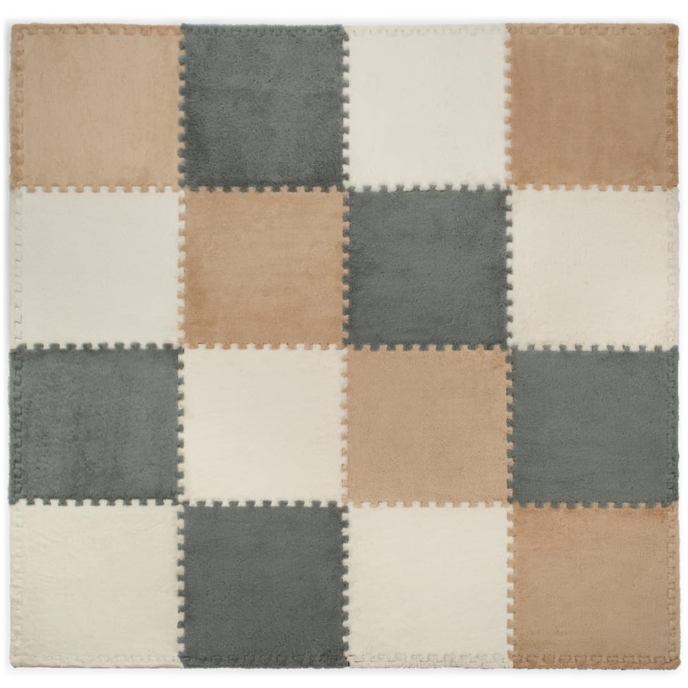 16 Piece Carpet Squares Puzzle Mat 49" x 49" Plush Interlocking Carpet Tiles, Foam Floor Tiles for Baby Play Mat - Kids Soft Play Mats Anti Slip Jigsaw Flooring Playmat Playroom Rug (Brown,Gray,White)