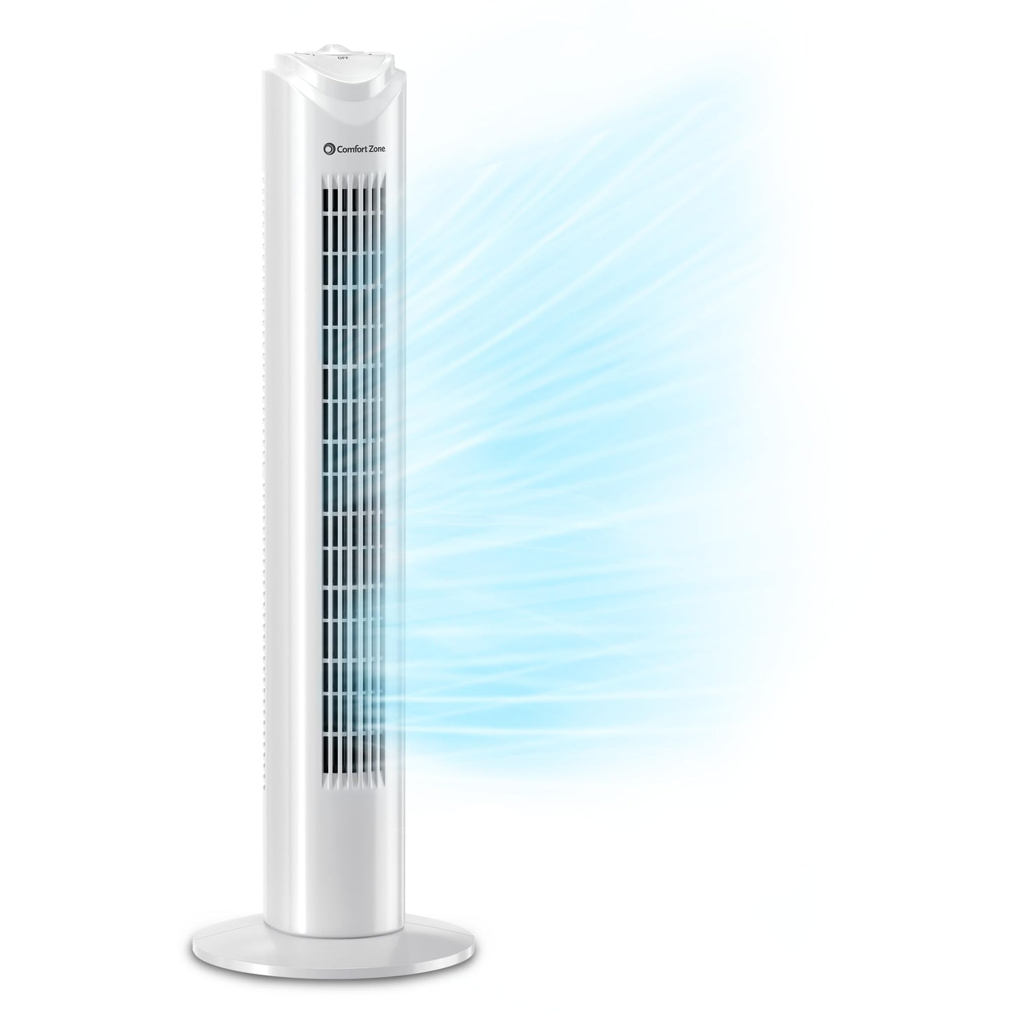 Comfort Zone 32-Inch Oscillating Tower Fan – Ultra-Slim Bladeless Design with 3 Speeds, 90° Wide Oscillation & Built-in Carry Handle – Quiet Portable Standing Fan for Bedroom, Home, or Office, White