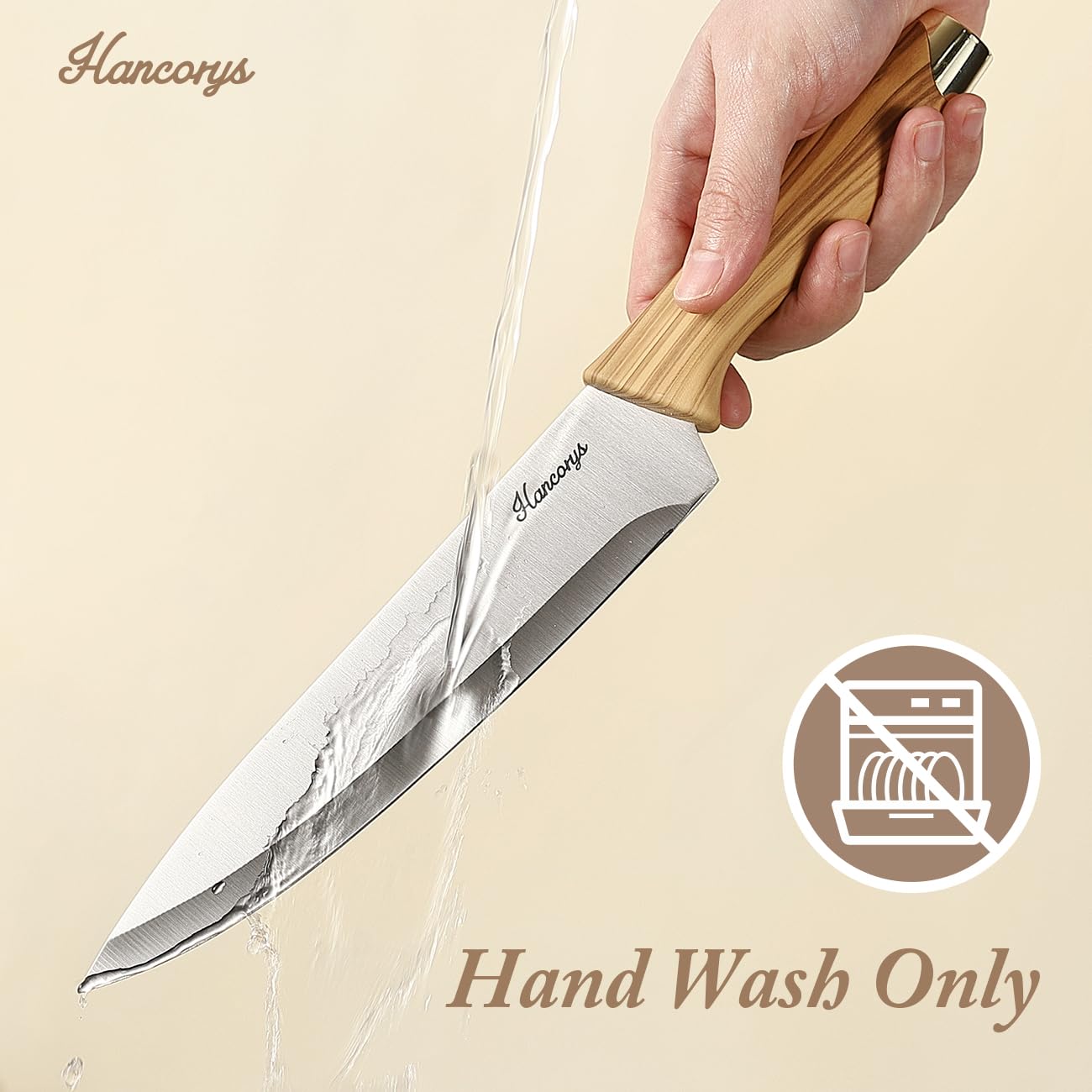 Hancorys Knife Block Set, Kitchen Knife Set with Sharpener, German Stainless Steel Gold Knives Set with Block and Ergonomic Wood Grain Handle, Ultra Sharp Cooking Knives