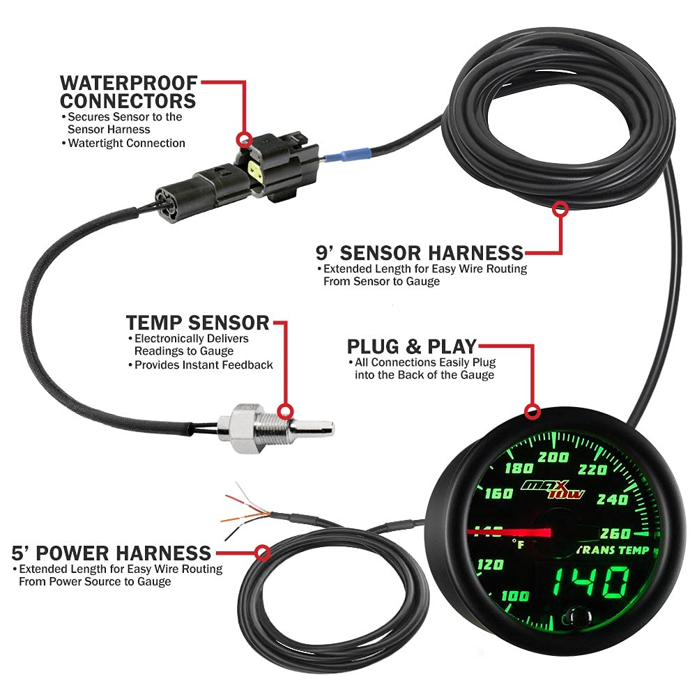 MaxTow Double Vision 260 F Transmission Temperature Gauge Kit - Includes Electronic Sensor - Black Gauge Face - Green LED Illuminated Dial - Analog & Digital Readouts - for Trucks - 2-1/16" 52mm