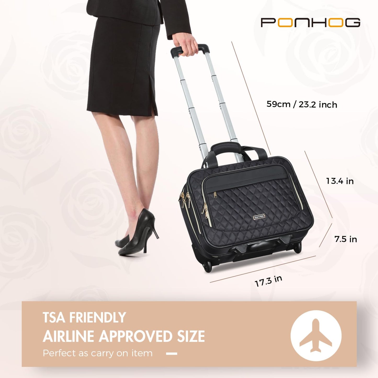 Ponhog Rolling Laptop Bag, 15.6 Inch Rolling Briefcase for Women with Wheels, Carry On Flight Approved Roller Computer Case for Travel Work College Business Wife Mom Teacher, Black
