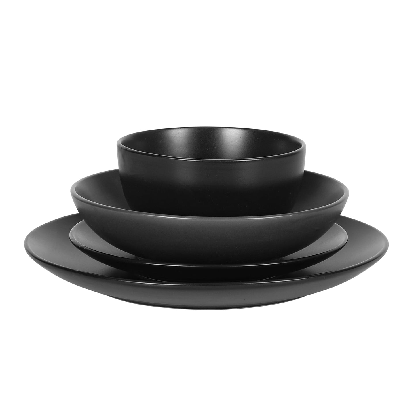 Gibson Home Queenslane 16-Piece Matte Black Stoneware Dinnerware Set – Double Bowl Plates and Bowls, Durable Kitchen Dinner Set
