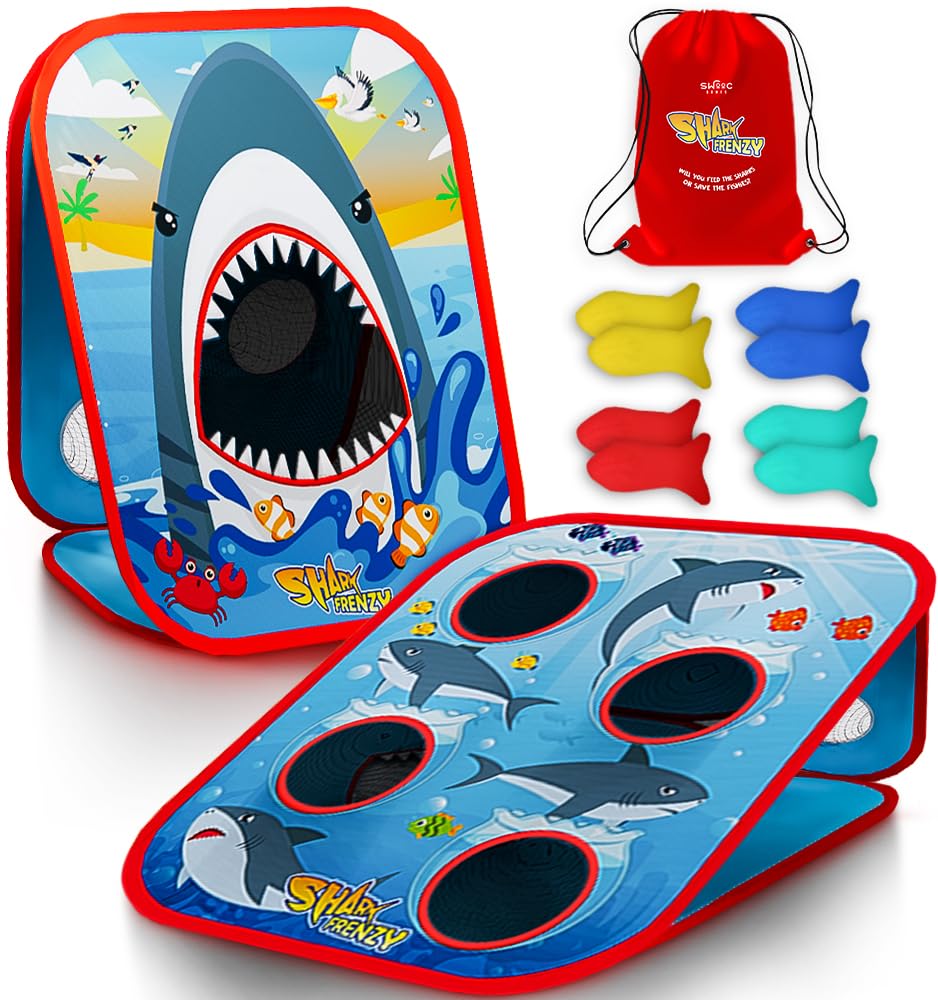 SWOOC Games – Shark Frenzy™ | 2-in-1 Bean Bag Toss Game for Kids | 5-Second Setup | Toddler Party Games For Kids 3-5 | Toddler Outdoor Games for Kids 3-6 | Shark Toys For Boys | Kids Cornhole Game Set