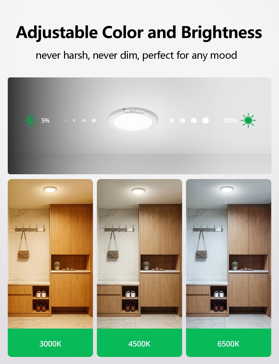 Bojim Rechargeable Ceiling Lights Wireless Waterproof Shower Lighting Inside, 3CCT & Dimmable Magnetic Motion Sensor Lights Battery Operated Closet Light No Wiring for Pantry Laundry 2 Pack