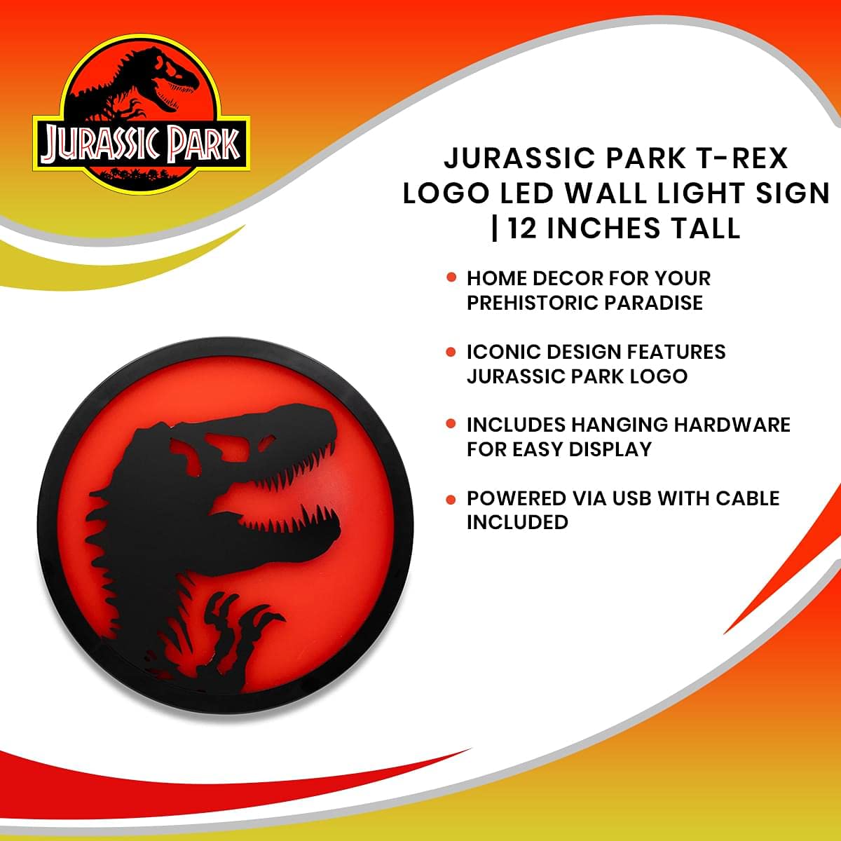 Ukonic Jurassic Park T-Rex Logo LED Wall Light Sign | Ready to Hang Wall Decor Artwork, Trendy Living Room Essentials, Home Decor Accent | Dinosaur Toys, Gifts and Collectibles | 12 Inches Tall