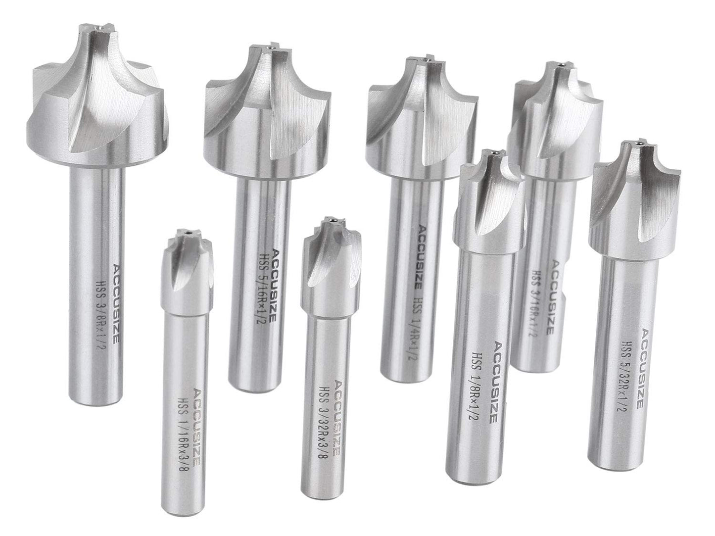 Accusize Industrial Tools H.S.S. Corner Rounding End Mill Set Size from 1/16'' to 3/8'', 8 Pcs, 1011-0008