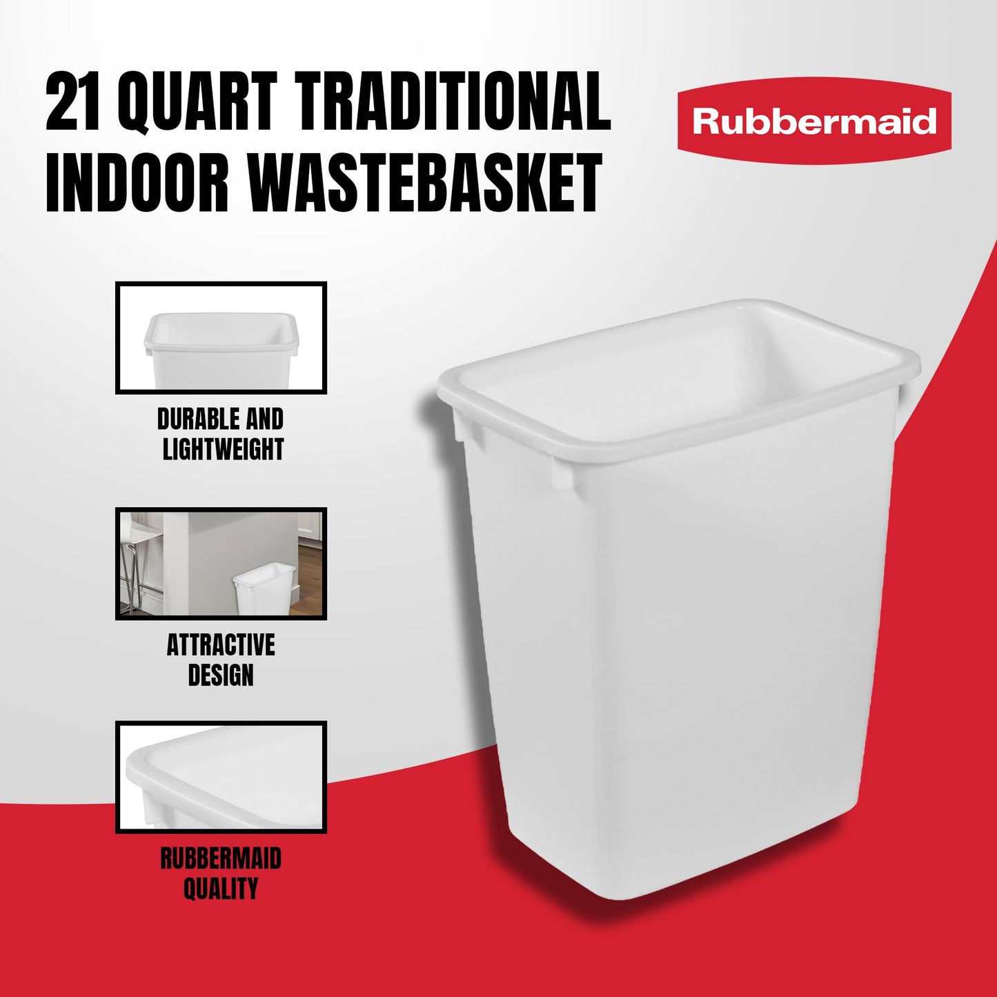 Rubbermaid 2 Pack Traditional Open Top Waste Basket Indoor Trash Bin Container for Bathrooms, Kitchens, and Home Office, 21 Quart, White