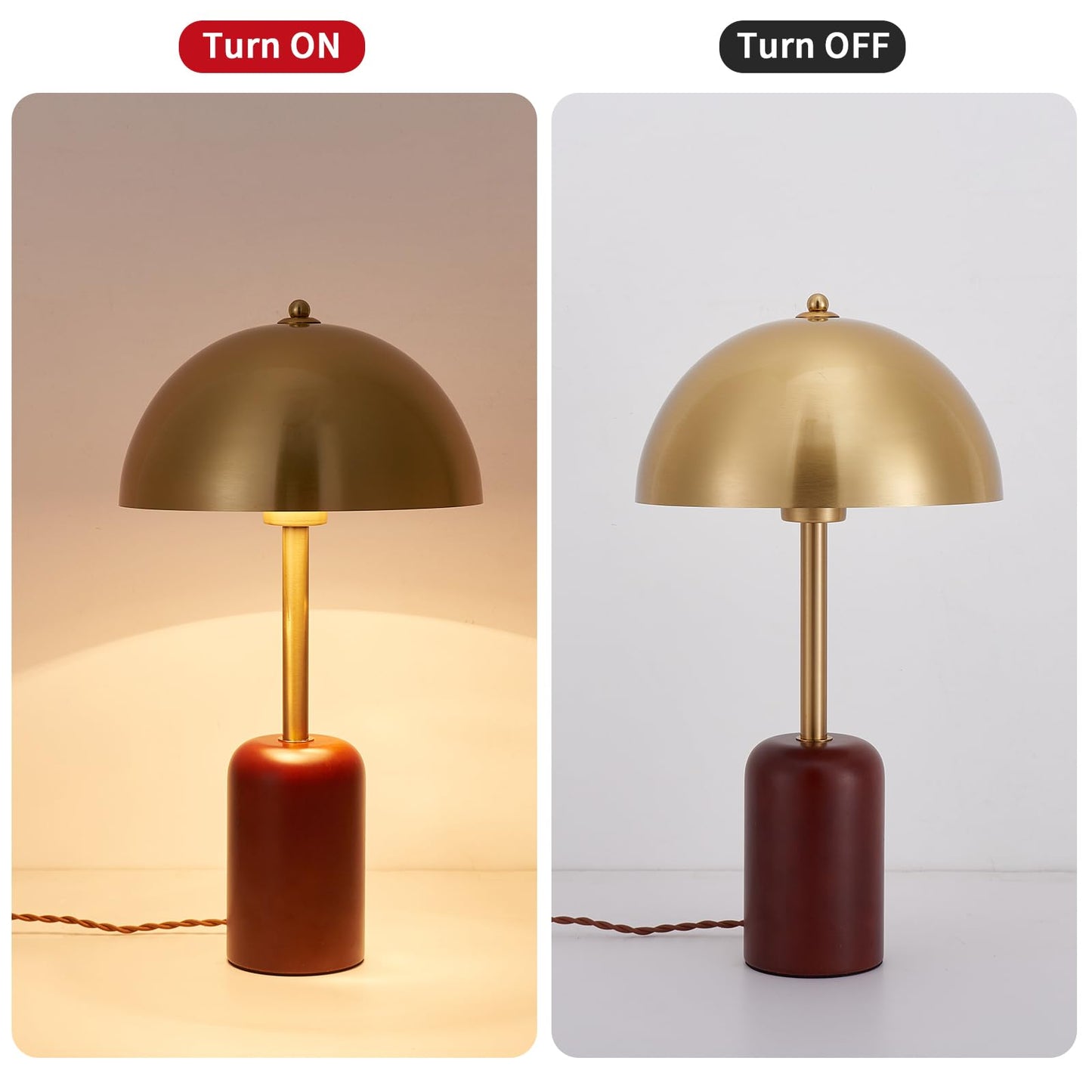 NUSRAN Bedside Table Lamp for Bedroom, Modern Plug in Brass Gold Shade & Cylindrical Wood Base Desk Lamp, Plug & Play Nightstand Lamp with Switch Power Cord for Living Room, Office 【Bulb Included】