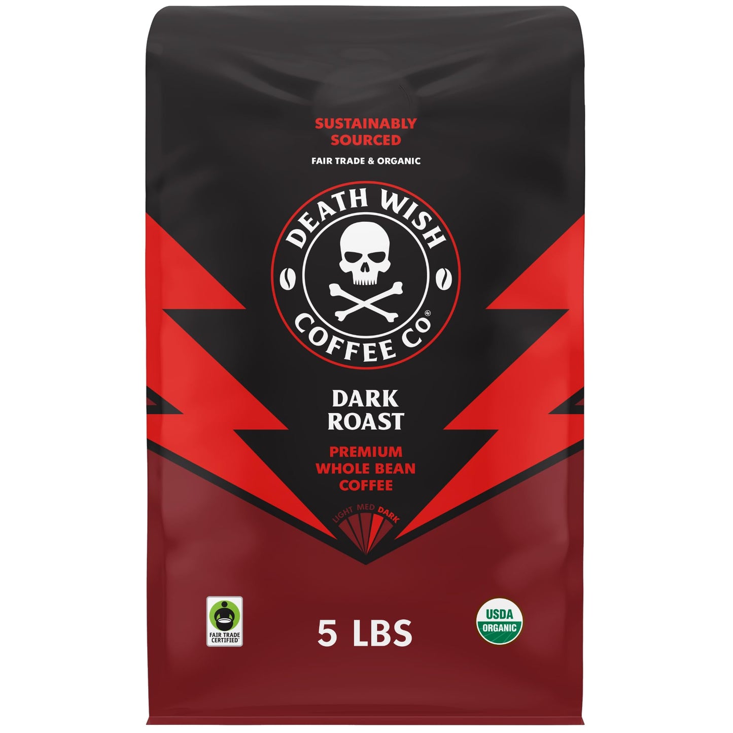Death Wish Coffee Whole Bean Dark Roast - Extra Kick of Caffeine - USA Organic Coffee Beans - Fair Trade Arabica & Robusta Coffee Beans - Dark Roast Coffee Beans (80 oz.)