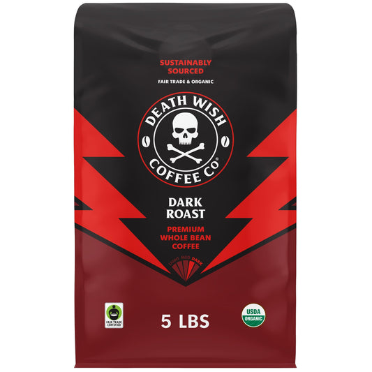 Death Wish Coffee Whole Bean Dark Roast - Extra Kick of Caffeine - USA Organic Coffee Beans - Fair Trade Arabica & Robusta Coffee Beans - Dark Roast Coffee Beans (80 oz.)