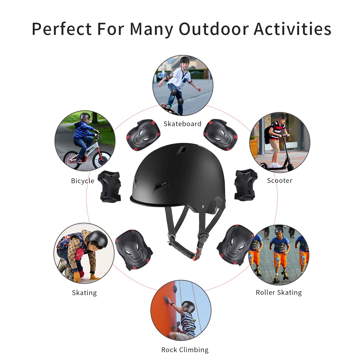 Skateboard Bike Helmet for Adults Adjustable Knee Elbow Pads Wrist Guards Protective Gear Helmets Set Teens for Bicycle Cycling Skate Scooter Bicycle Helmet
