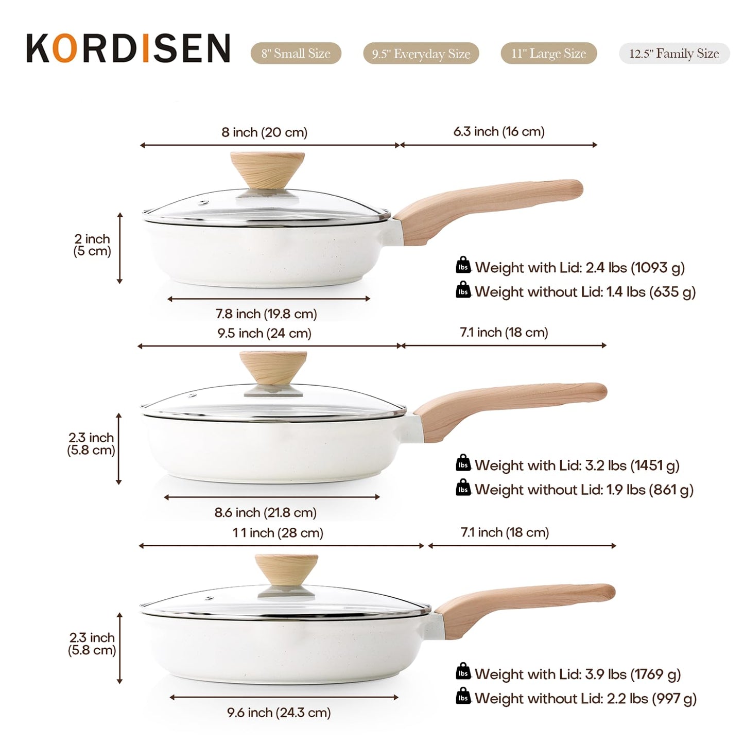Kordisen Ceramic Nonstick Frying Pan Skillet Set with Lid, 3 Piece Ceramic Pans for Cooking Non Toxic, Healthy Induction Cookware, Stay-Cool Handle, PFOA & PFAS Free (8 Inch, 9.5 Inch, 11 Inch)