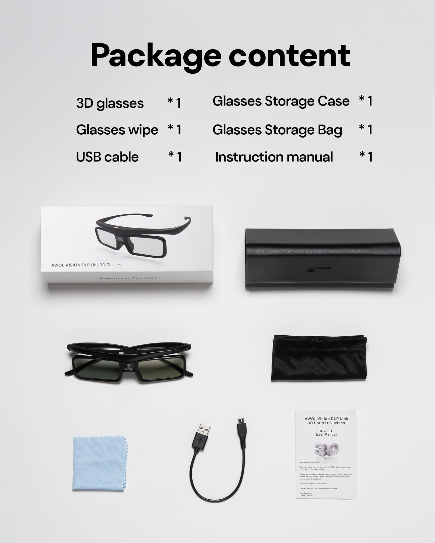 AWOL VISION DLP Link 3D Glasses, Rechargeable Active Shutter Eyewear compatiable with AWOL VISION LTV-3000 Pro and LTV-3500 Pro, Vanish TV & Other DLP-Link 3D projectors (2 Packs)