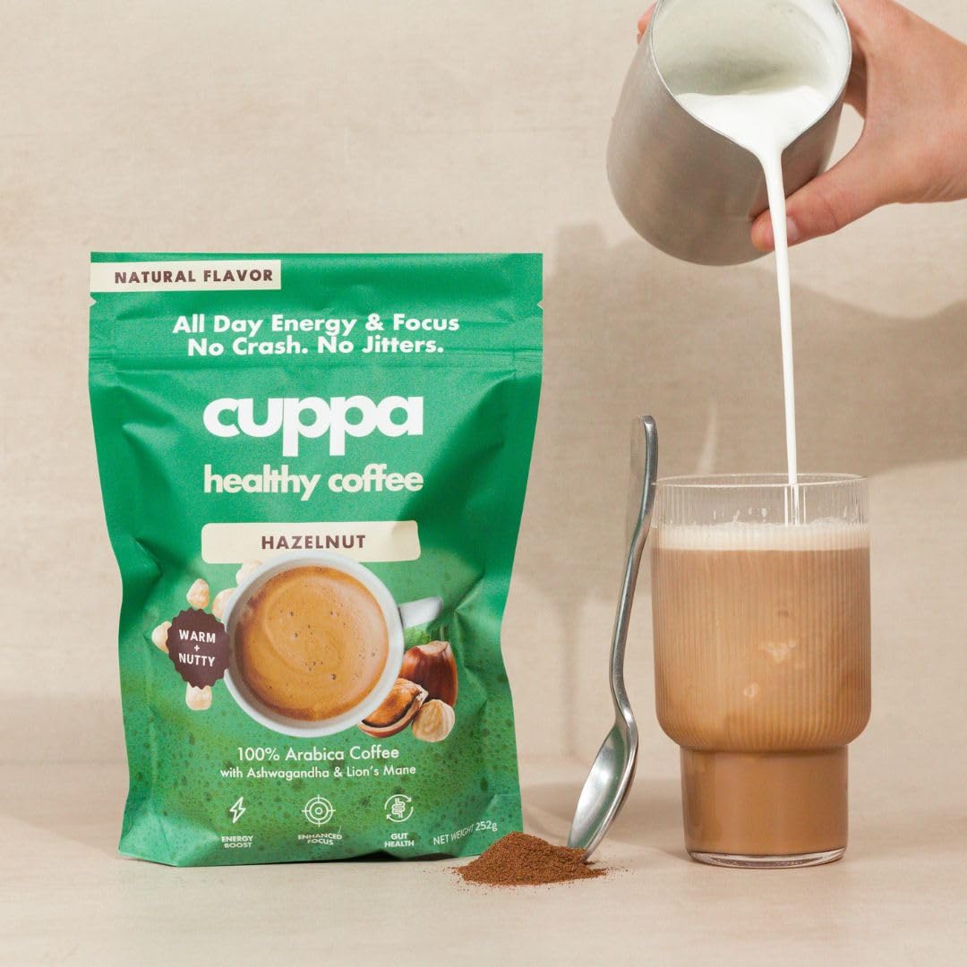 Cuppa Hazelnut Mushroom Coffee with Adaptogens & Superfoods - Lion’s Mane, Ashwagandha & Cordyceps. Adaptogens + MCT to support natural energy, mental focus & gut health (30 Servings)