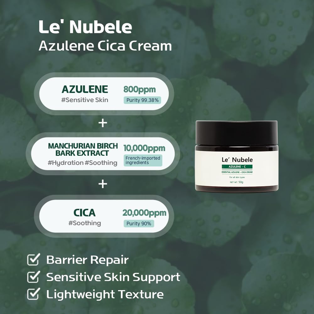 Le' Nubele Azulene Cica Cream | Soothing & Hydrating | Azulene, Centella & Manchurian Birch Bark | Korean Skincare Moisturizer for Sensitive Skin | Anti-Aging & Skin Barrier Care, 1.76 oz (Pack of 1)