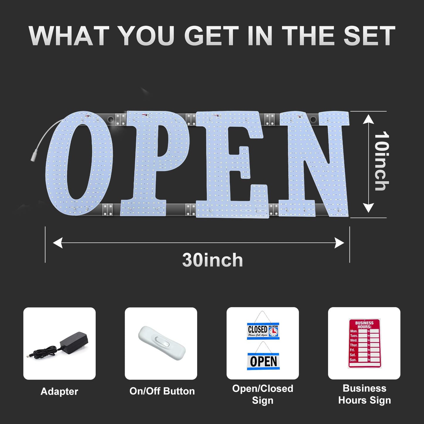 30"x10" Large LED Open Signs for Business Super Bright Unique Design White Open Sign with Hanging Installation for Window Stores Bar Hotel Retail Shops Salon Restaurant Office