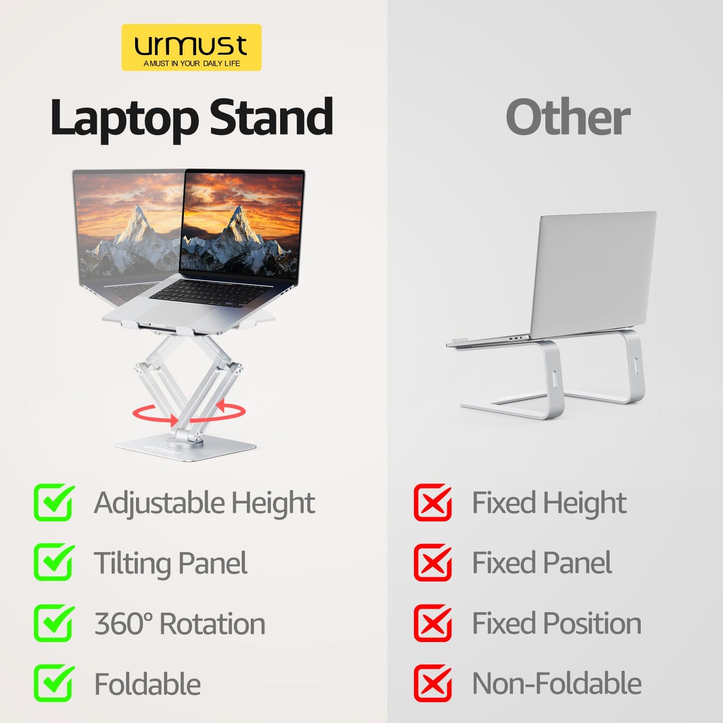 Urmust 360° Rotating Laptop Stand for Desk Adjustable Height, Ergonomic Laptop Riser Standing Desk Converter, MacBook Stand, Computer Lap top Riser Holder, Fits All Laptops 10-17"