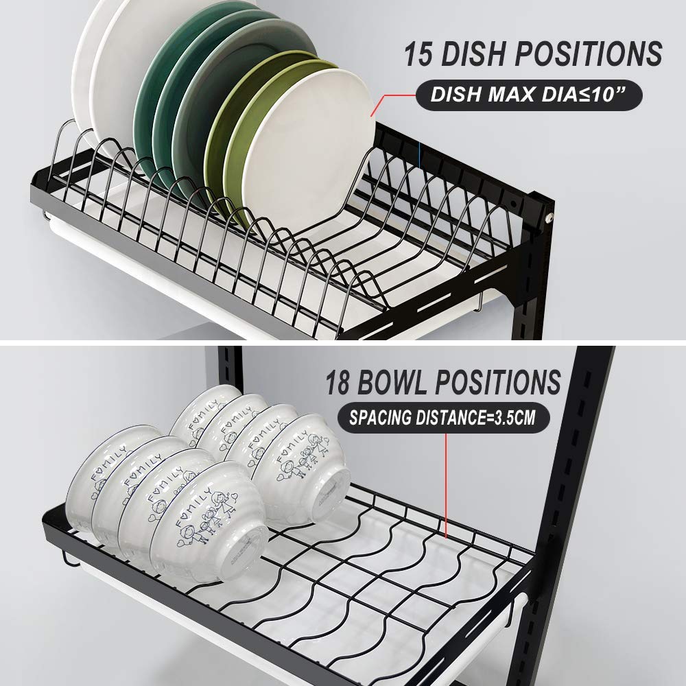 junyuan Hanging Dish Drying Rack Wall Mount,Dish Racks Drainer,3 Tier Kitchen Plate Organizer Storage Shelf with Drain Tray with 3 Hooks,Stainless Steel Black Large Ajustable Height
