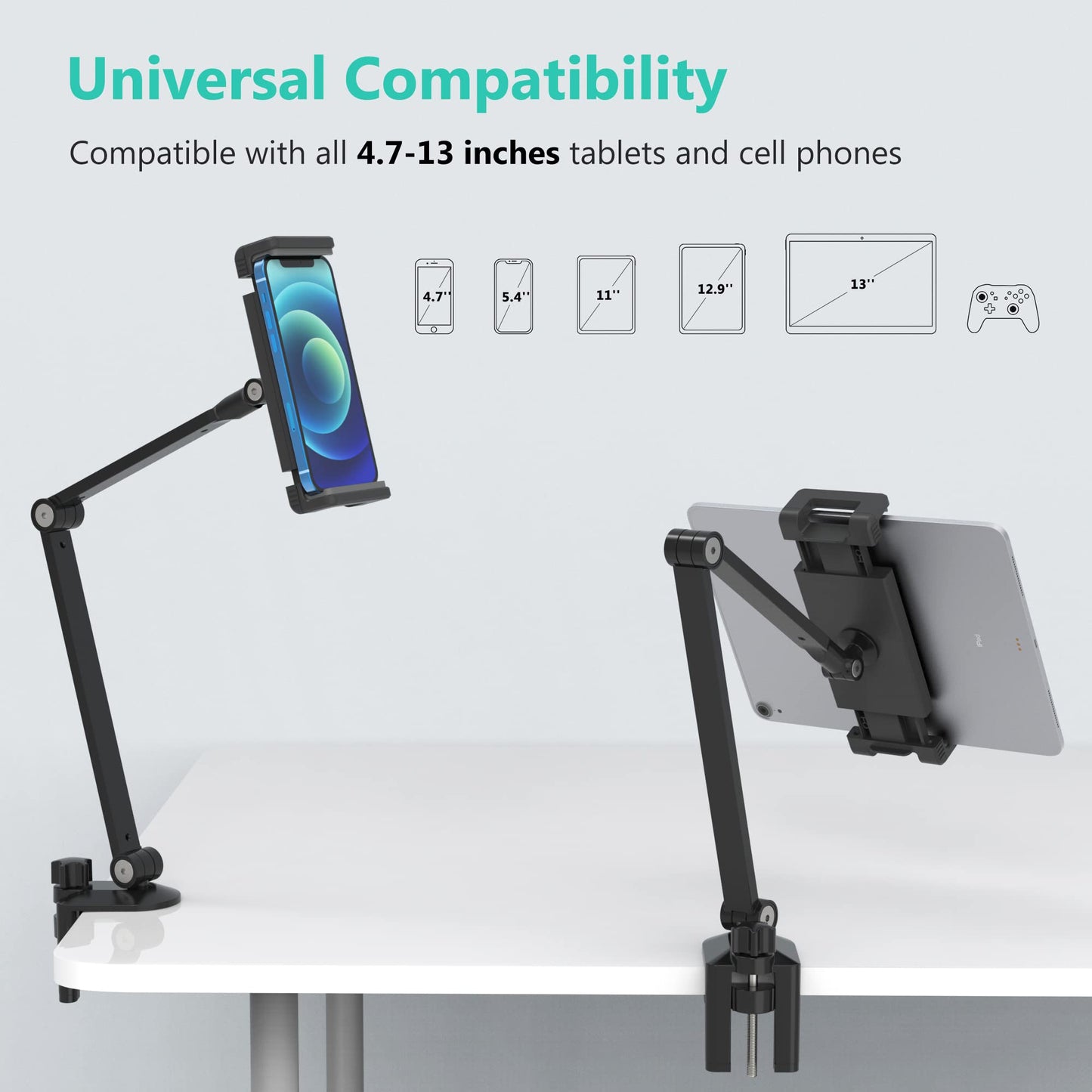 Inifispce iPad Desk Mount, Tablet Holder, Multi-Angle Adjustable Tablet Stand for 4.7''- 13'' Screen Microsoft Surface Pro Series, iPad Series(Black)