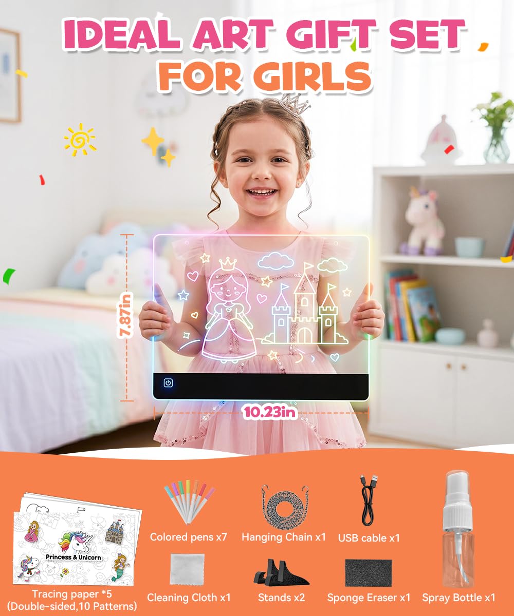 Rechargeable LED Drawing Board for Girls, 10" Glow Doodle Pad, 45H Long Last, 4 Modes Neon Light Up Coloring Tablet with 7 Pens, Princess Art Craft Set, Birthday Gift, Toys for Girl 4 5 6 7 8 Year Old