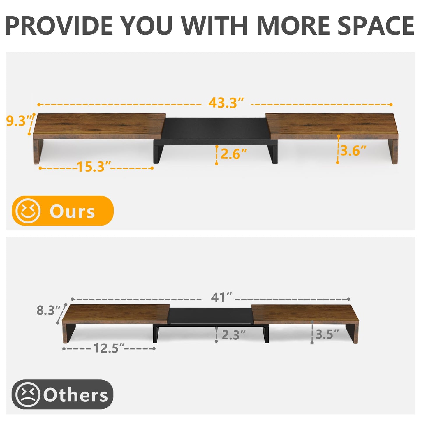 TAVR Dual Monitor Stand Riser, Computer Monitor Stands for 2 Monitors, Extra Long Multifunctional Wooden Desktop Organizer Riser for Computer, Laptop, PC, Printer, TV, Max 43.3" Length, Rustic Brown