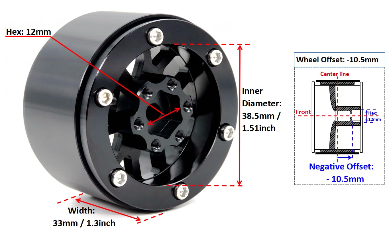HOBBYSOUL 4pcs 1.9 Beadlock Wheels -10.5mm Negative Offset Rims 33mm Wide for RC 1/10 Crawler TRX4 SCX10 Gen8 Upgrades