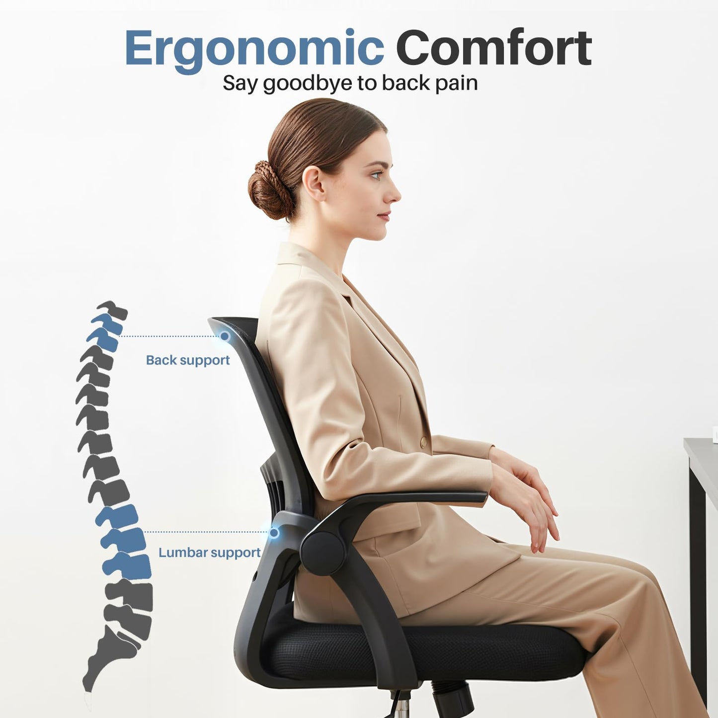 DUMOS Home Office Computer Chair - Ergonomic Mid Back Desk with Lumbar Support and Rocking Mode, Height Adjustable with Flip-up Armrest, for Conference Meeting Room, 360° Swivel, Adults, Black