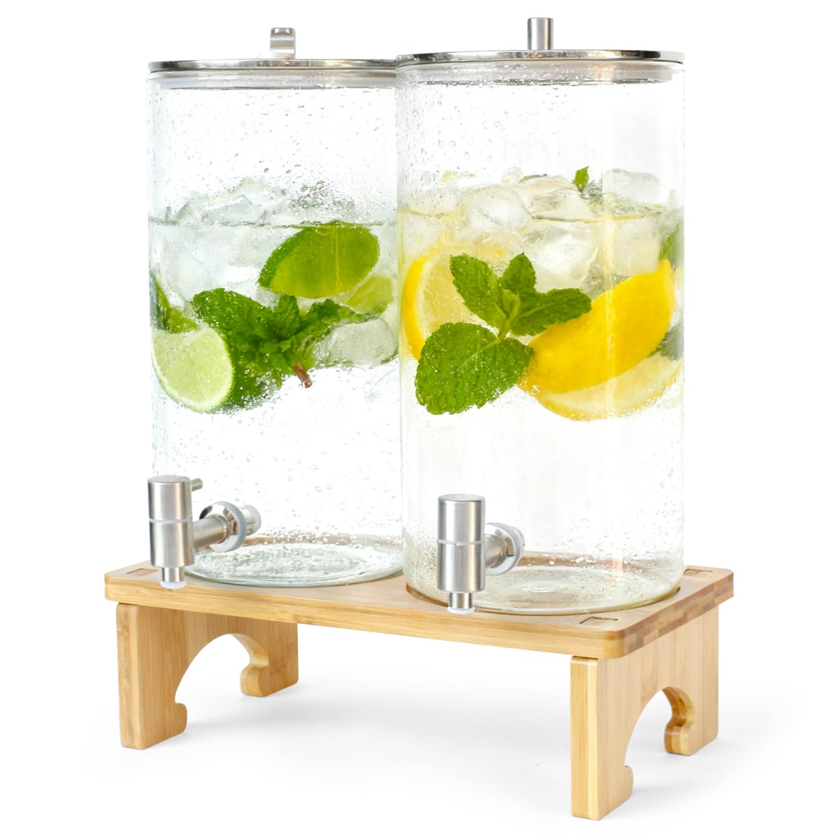 2 Pack 1.5 Gallon Drink dispenser with Stand，Glass Beverage Dispenser With Wood Stand, 18/8 Stainless Steel Spigot and Labels Large Water Drink Dispensers for Parties, Lemonade,Juice, Tea