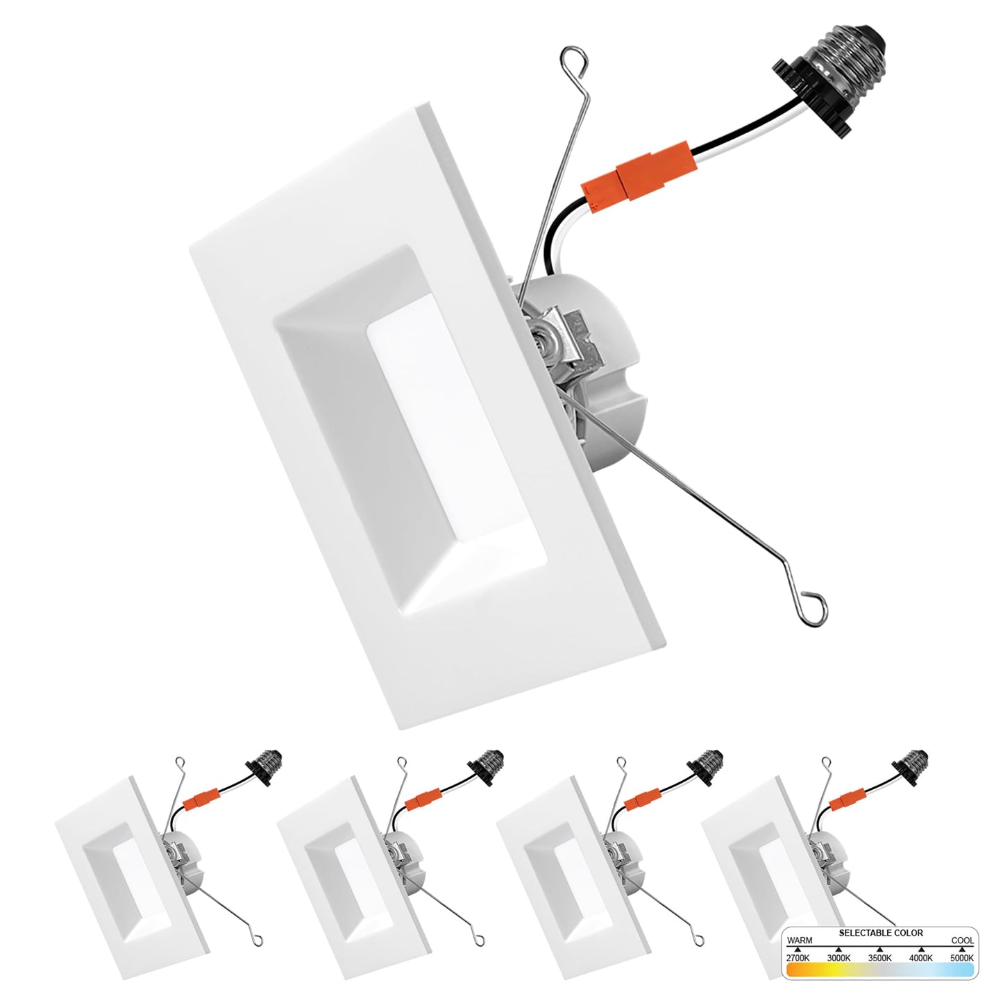 NUWATT 4 Pack, 5/6 Inch Retrofit LED Square Recessed Lighting, 5CCT 2700K/3000K/3500K/4000K/5000K Selectable, 1100 Lumens 14W, Dimmable 5/6" Square Downlight, 6in Square Can Light, Wet Rated, ETL, T24