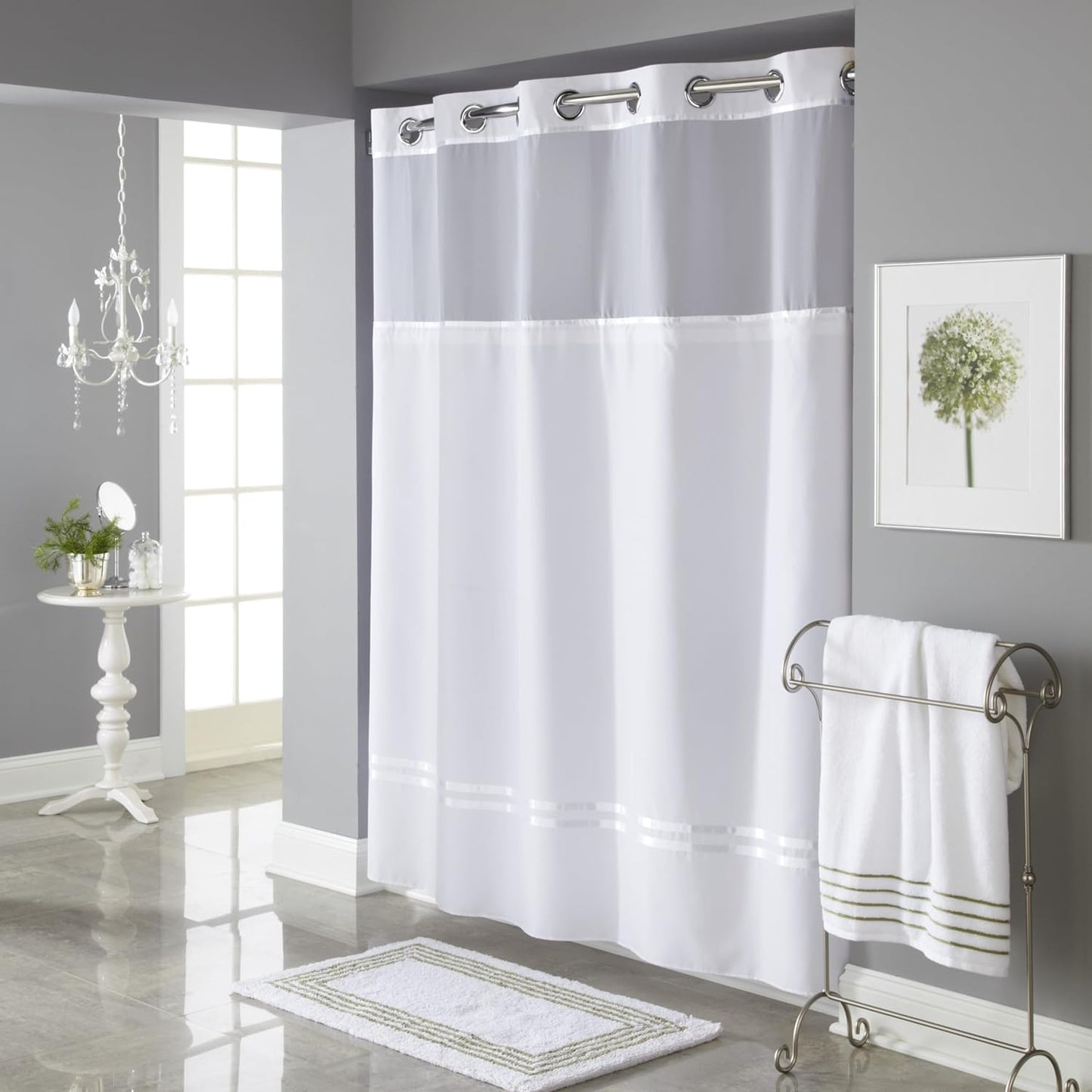 Hookless It's A Snap! Escape 3-in-1 Shower Curtain With Sheer Top Window, Flex-On Rings & Fabric Liner, 71" x 74", White