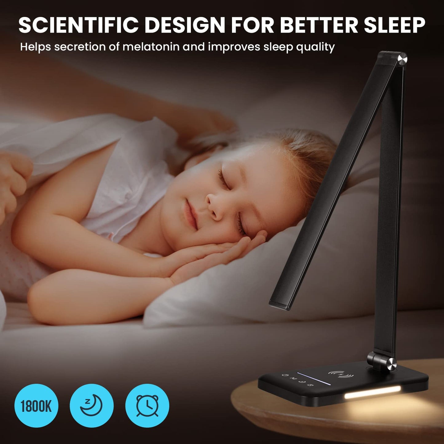 JOSTIC LED Desk Lamp with Night Light, Fast Wireless Charger, USB Charging Port, 10 Brightness, 5 Color Modes, Dimmable Bedside Table Lamp for Bedroom, Touch Control, Auto Timer, 1200Lux Super Bright