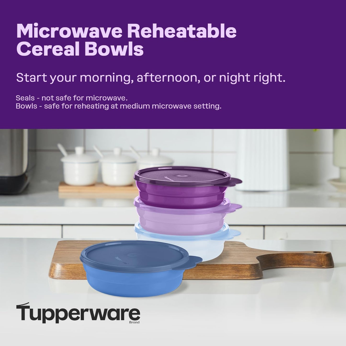 Tupperware Microwave Reheatable Cereal Bowls Set, Dishwasher Safe and BPA Free (4 Bowls, 4 Lids)