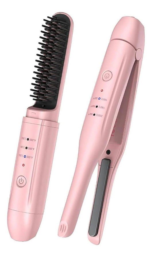 2Pcs Cordless Hair Straightener Brush and Curling Iron, Travel Curling Iron Set, Negative Ion Thermal Brush Hot Comb Fast Heating Type-C Rechargeable with Pouch