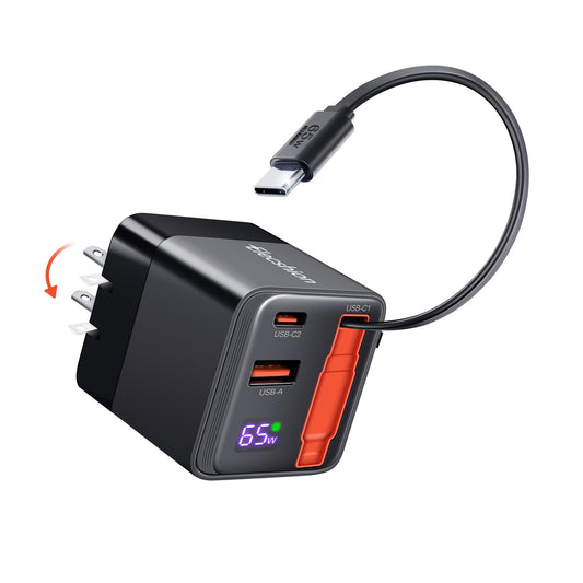 65W USB C Charger Block with Retractable Type C Cable and Dual Port Travel Charger (GaN3), PD PPS Fast Charging Foldable Wall Charge for MacBook,Lenovo IdeaPad,iPhone 16 Pro Max,Galaxy S24 and More