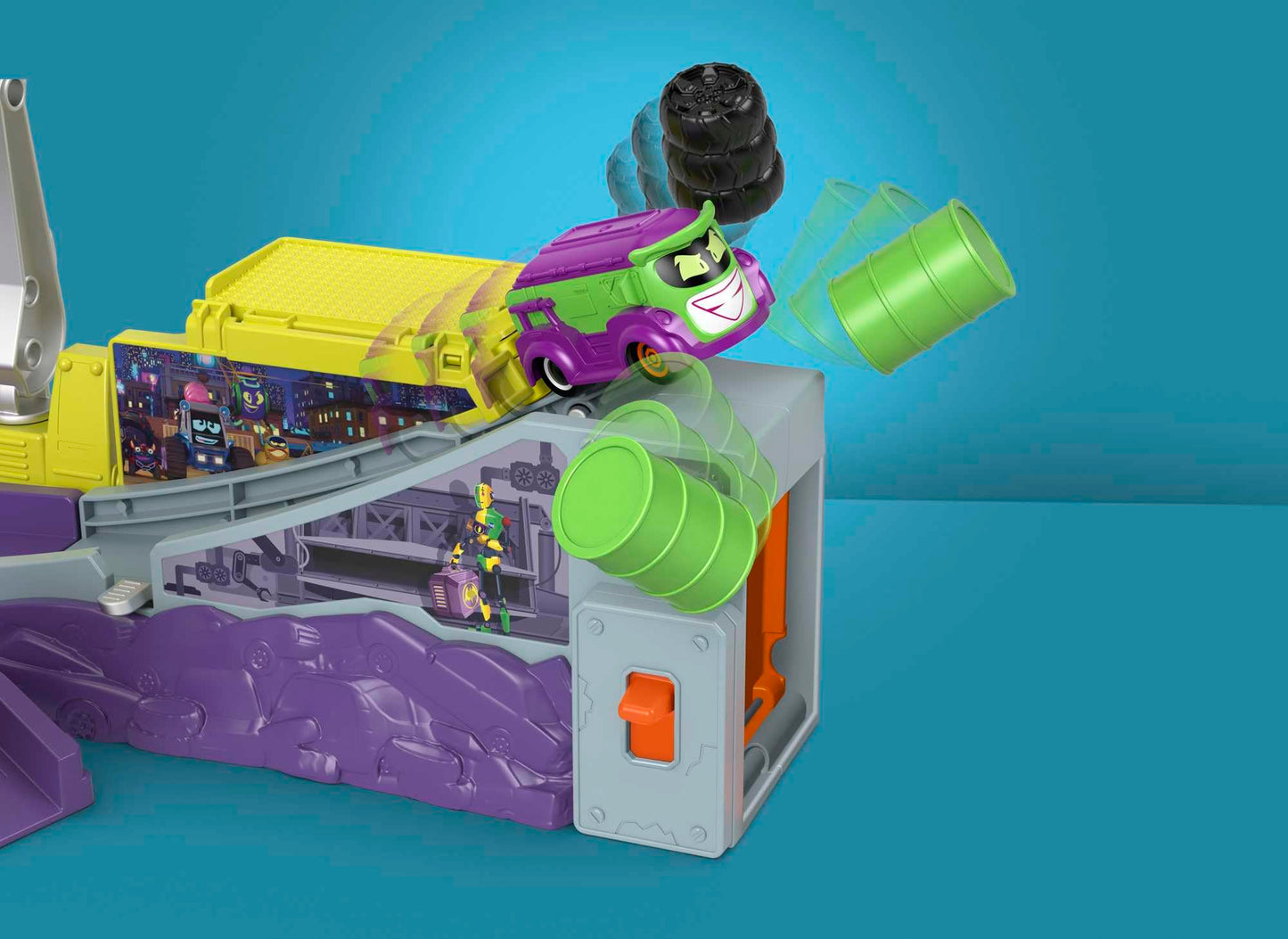 Fisher-Price DC Batwheels Toy Car Playset, Legion of Zoom Launching HQ with Ramp & Launcher plus Prank The Joker Van, Ages 3+ Years