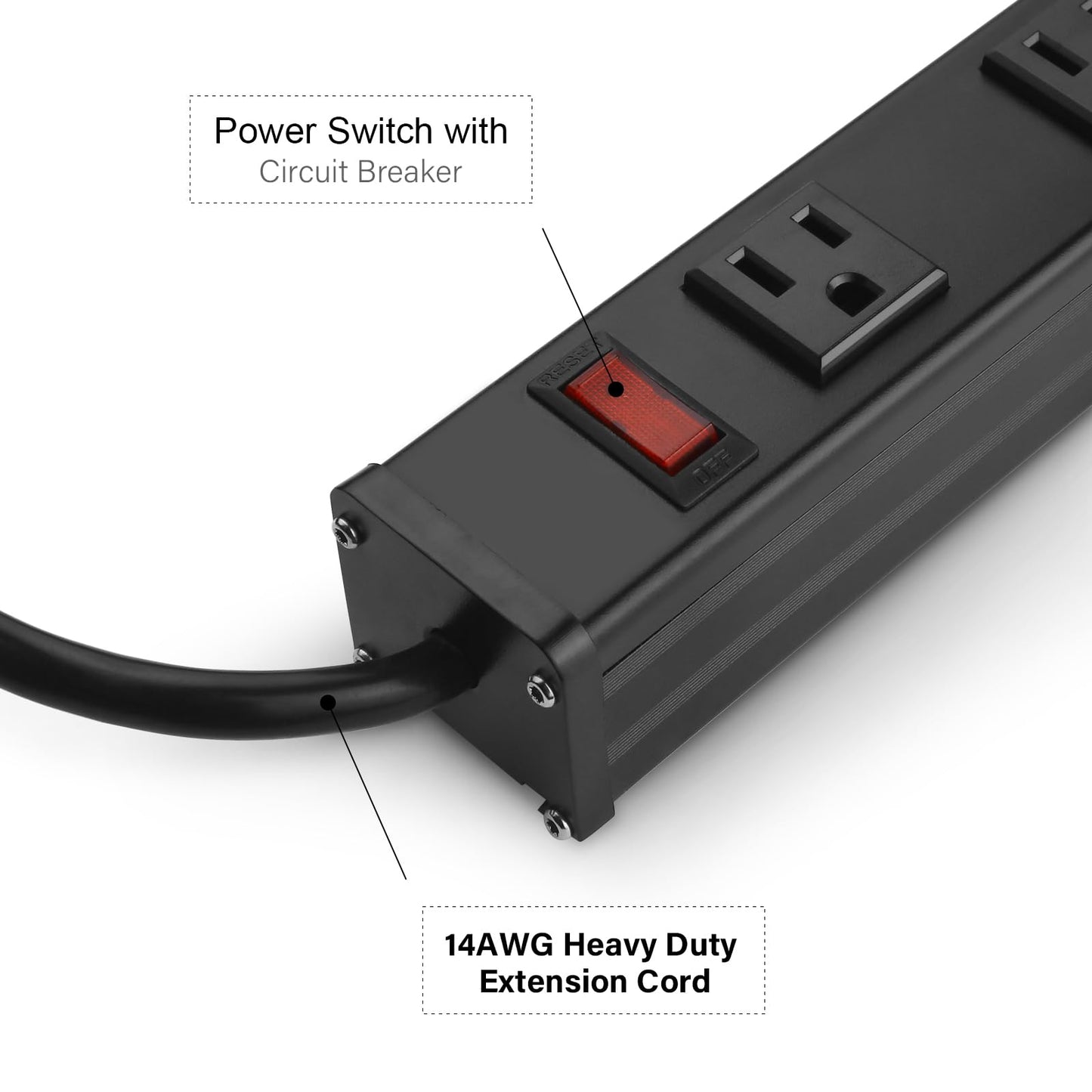 Long Heavy Duty 16 Outlet Large Metal Garage Workshop Multi Wide Industrial Power Strip. 6FT Cord 15A, 125V, 1875W (Black)