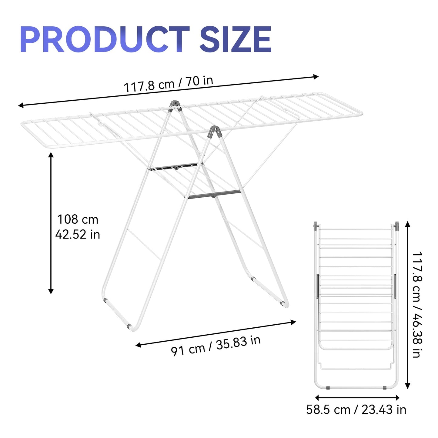 APEXCHASER Clothes Drying Rack, Foldable Oversized Drying Rack Clothing with U-Shaped Foot Cover, Height-Adjustable, Multi-Bar Laundry Rack, Indoor Outdoor Use, 20.47"D x 70"W x 42.52"H, Pearl White