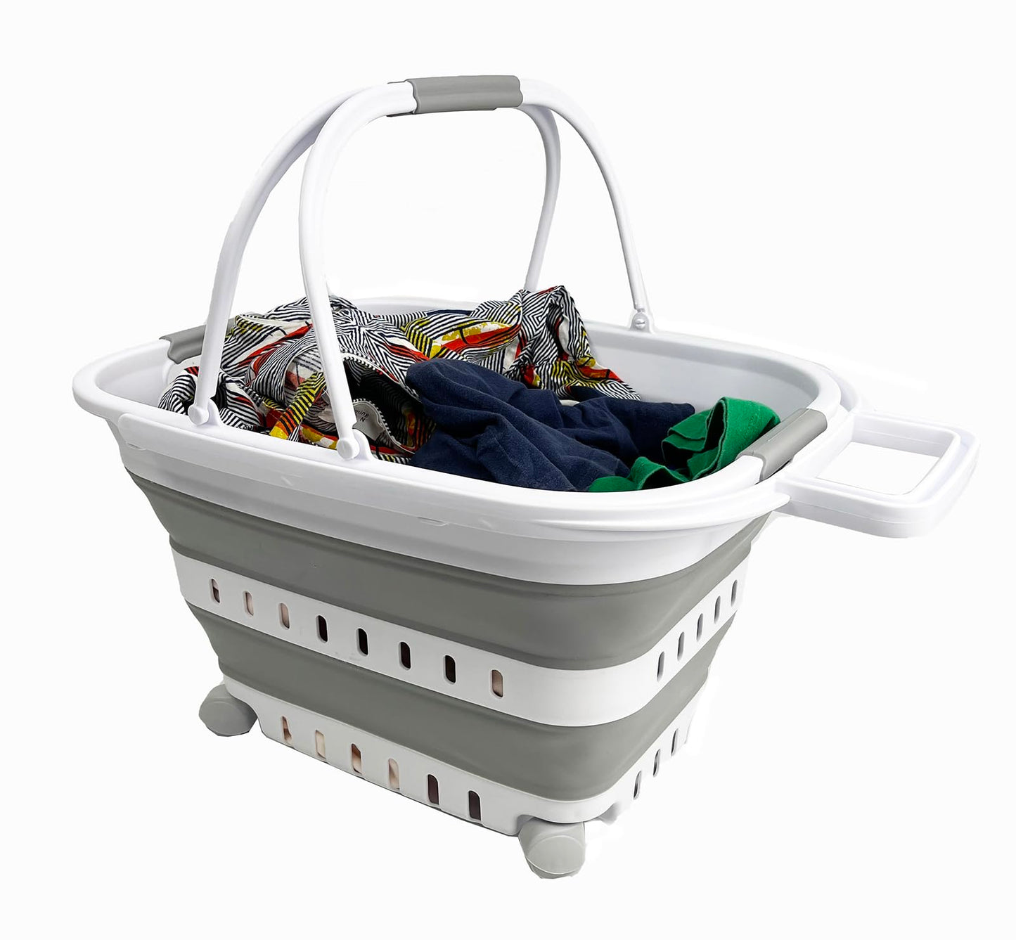 SAMMART 35L (9.24 Gallons) Collapsible Plastic Laundry Basket with Handle and Wheels - Foldable Pop Up Storage Container/Organizer with handle and wheels - Space Saving (1, White/Grey)
