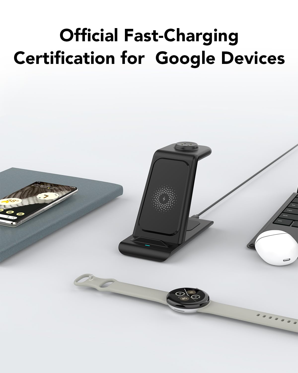 Upgraded 3 in 1 Wireless Charger Compatible with Google Pixel Watch 3/2, Pixel 9 Pro XL/9/Fold/8/7/7A/6 Pro, Pixel Buds Pro/2, Wireless Charging Station for Multiple Devices (Not for Pixel Watch 1)