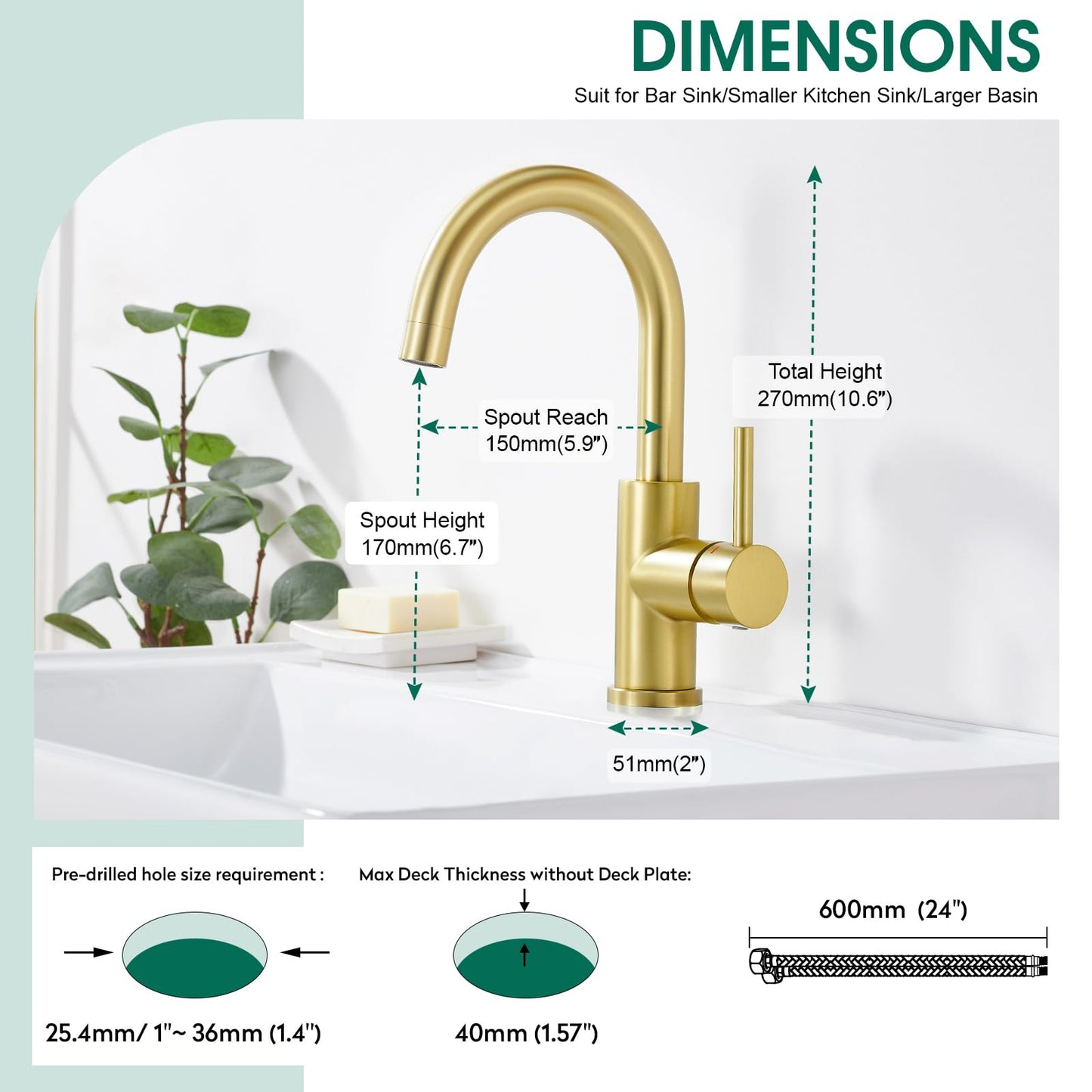 CREA Bar Sink Faucet Single Hole,Brushed Gold Faucets for Large Bathroom Basin/Small Kitchen Sink,Stainless Steel with Deck Plate,Prep Wet Bar Lavatory Vanity Outdoor