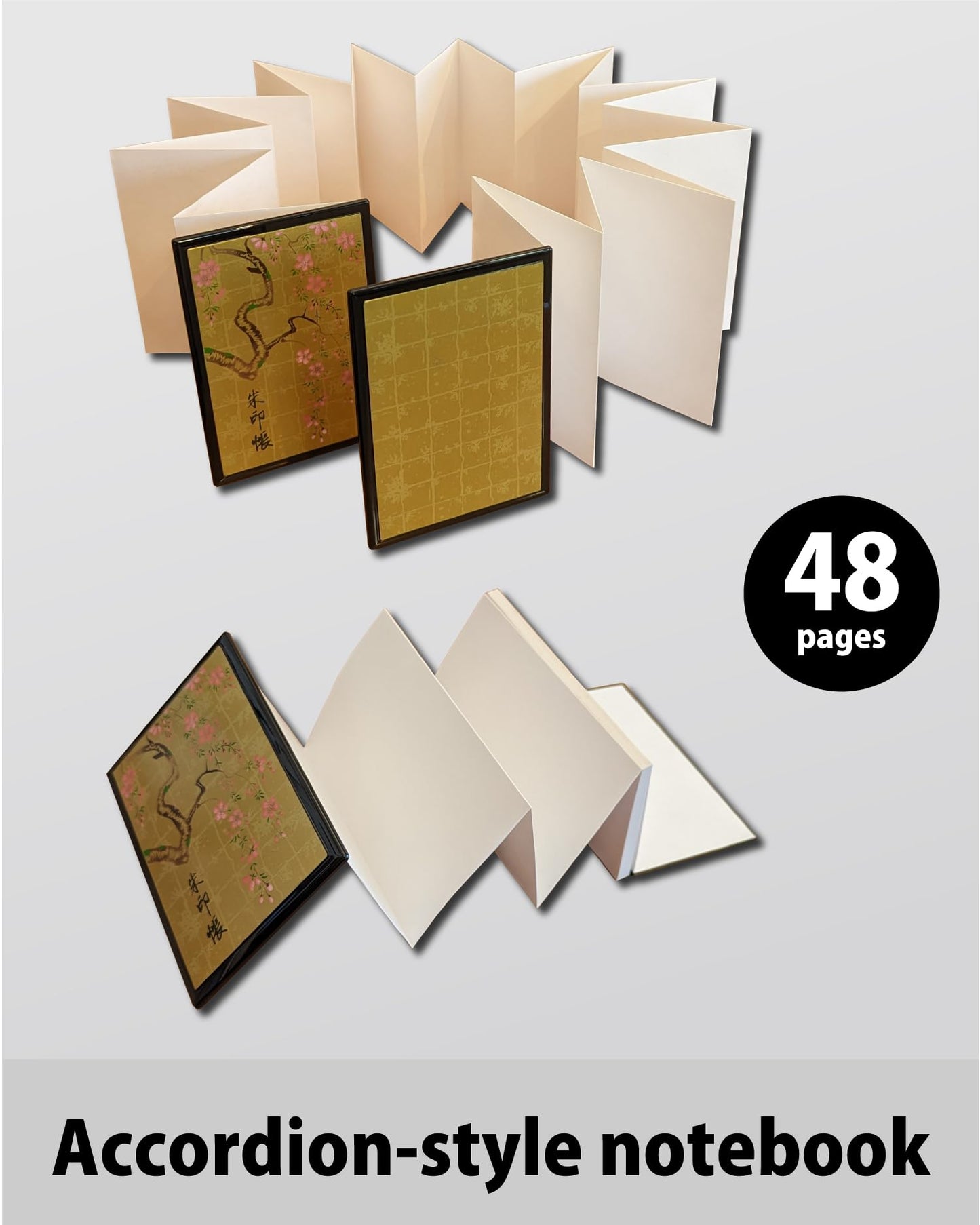 Japanese Goshuincho Stamp Book [Accordion Style] - Authentic Handmade Japanese Paper Notebook for Japan Travel Essentials, Temple & Shrine Stamps, Journal & Keepsake Gift (Sakura Black 48pages)