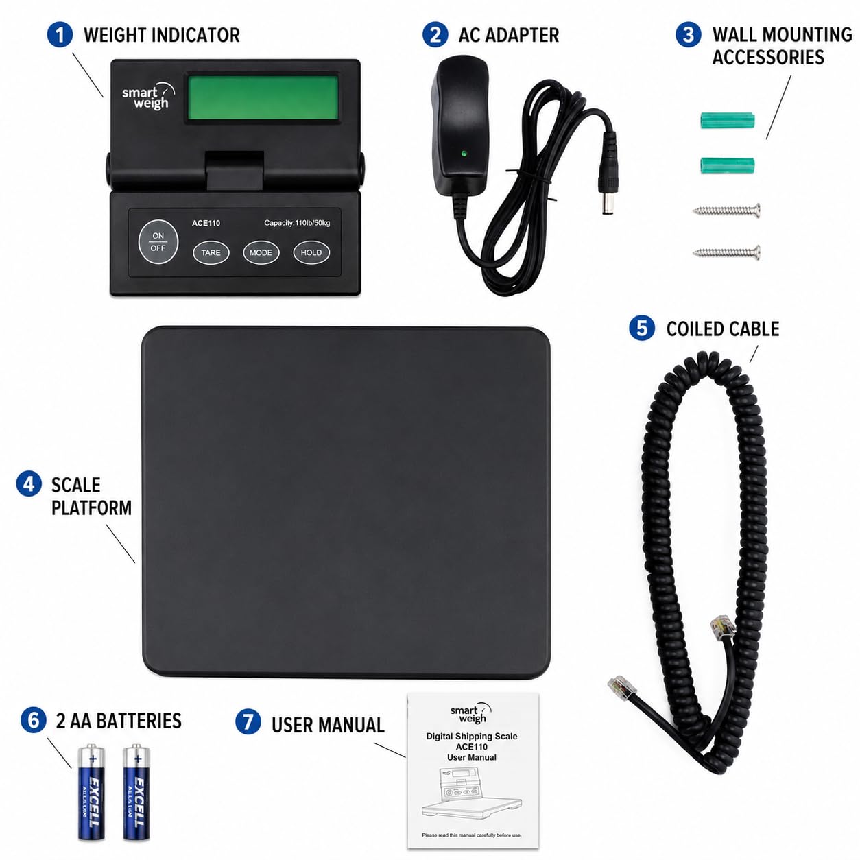 Smart Weigh Digital Postal Shipping Scale, 110lb/50kg to 0.1oz/2g Precision, Hold Function, Separate Wall-Mount Screen, AC Adapter & Batteries Included