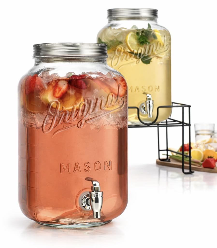 MosJos 2 GALLON Glass Drink Dispensers for Parties, 2 Pack Mason Jar Beverage Dispensers with Metal Stand, Glass Water Dispenser with Spigot, Laundry Detergent Dispenser
