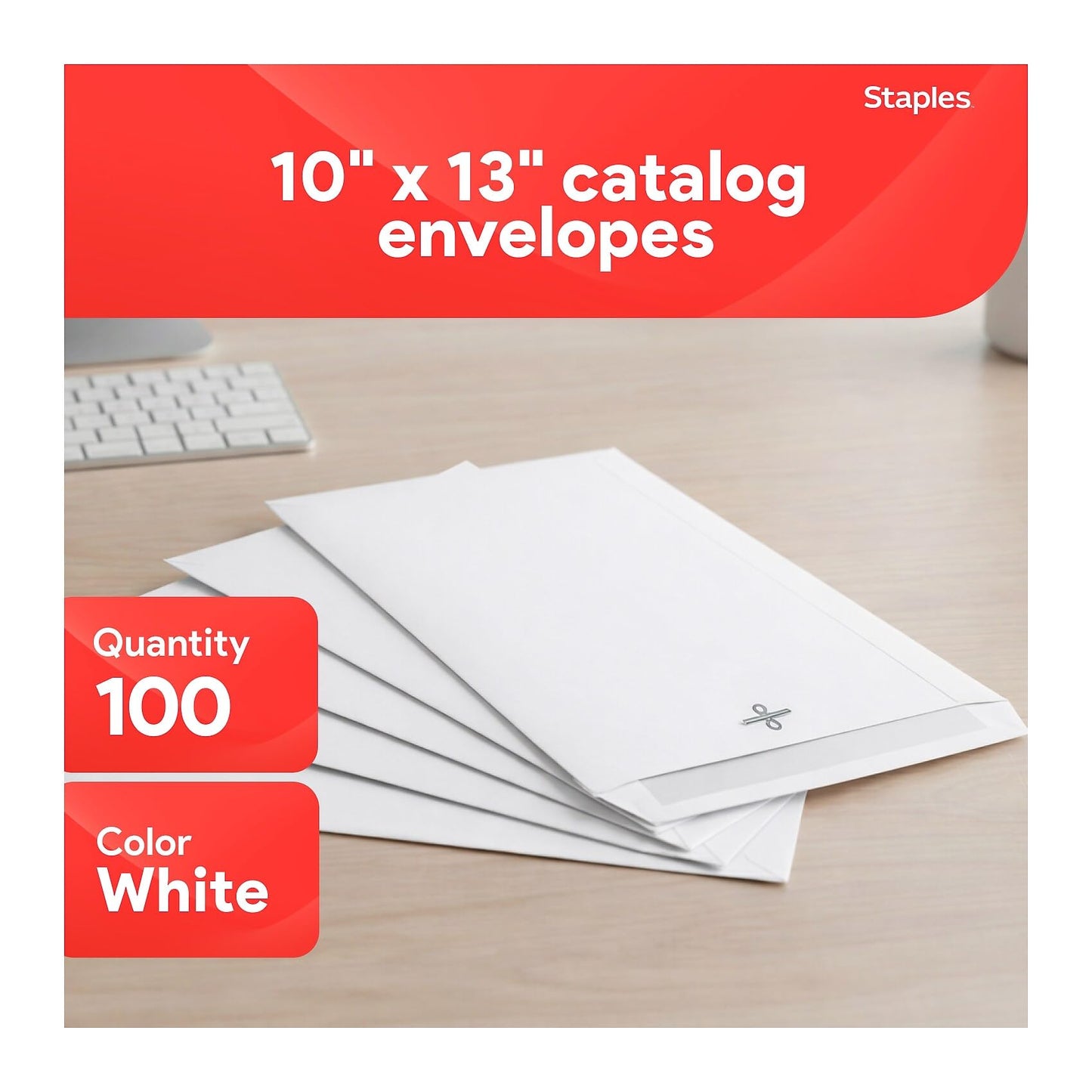 Staples 10 x 13 White Wove Clasp & Gummed Catalog Envelopes, Metal Clasp Closure, Durable Large Mailing Envelopes, 100/Box