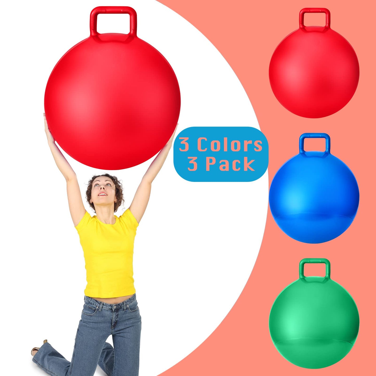 Lewtemi 3 Pcs 29 Inch Bouncing Ball with Handle, Outdoors Hopper Jumping Hopping Ball and Air Pump for Sports School Games Exercise (Red, Blue, Green)